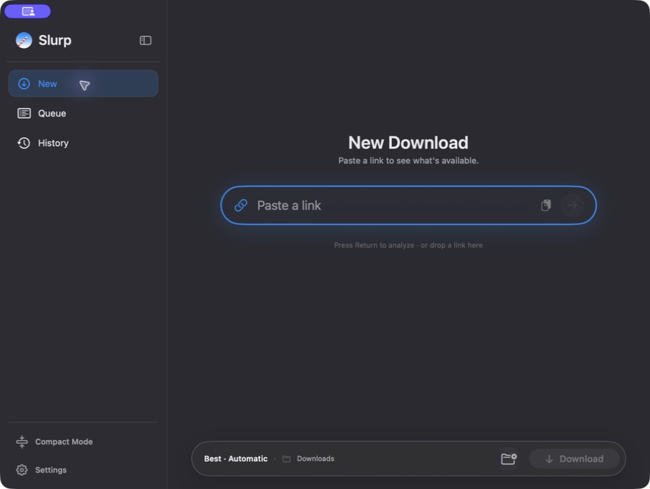 The actual Slurp New Download window, with the Paste a link field and Analyze arrow.